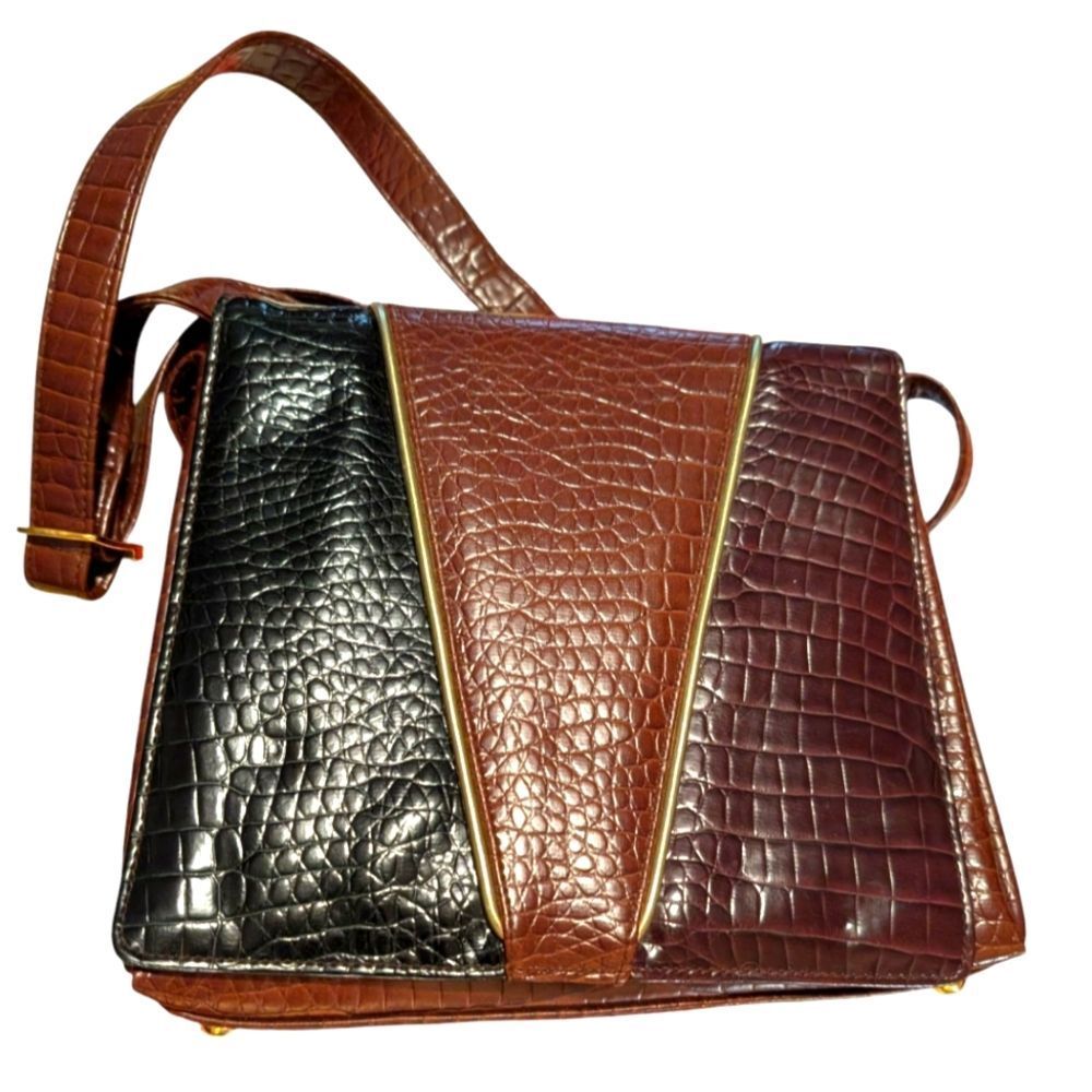 Vintage Women's‎ Leather Patchwork Gold Structured Crossbody Bag Purse